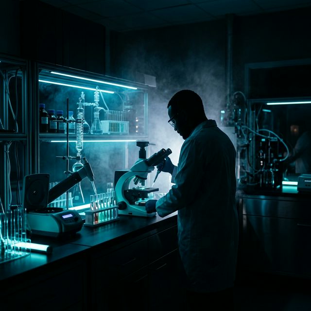 Dark pharmaceutical lab with blue lighting